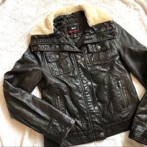 Dark Brown Leather Bomber Jacket